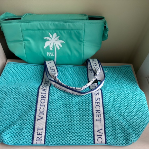 New Victoria’s Secret Turquoise Blue Woven Tote Bag & VS Turquoise Cooler Set - Picture 3 of 15